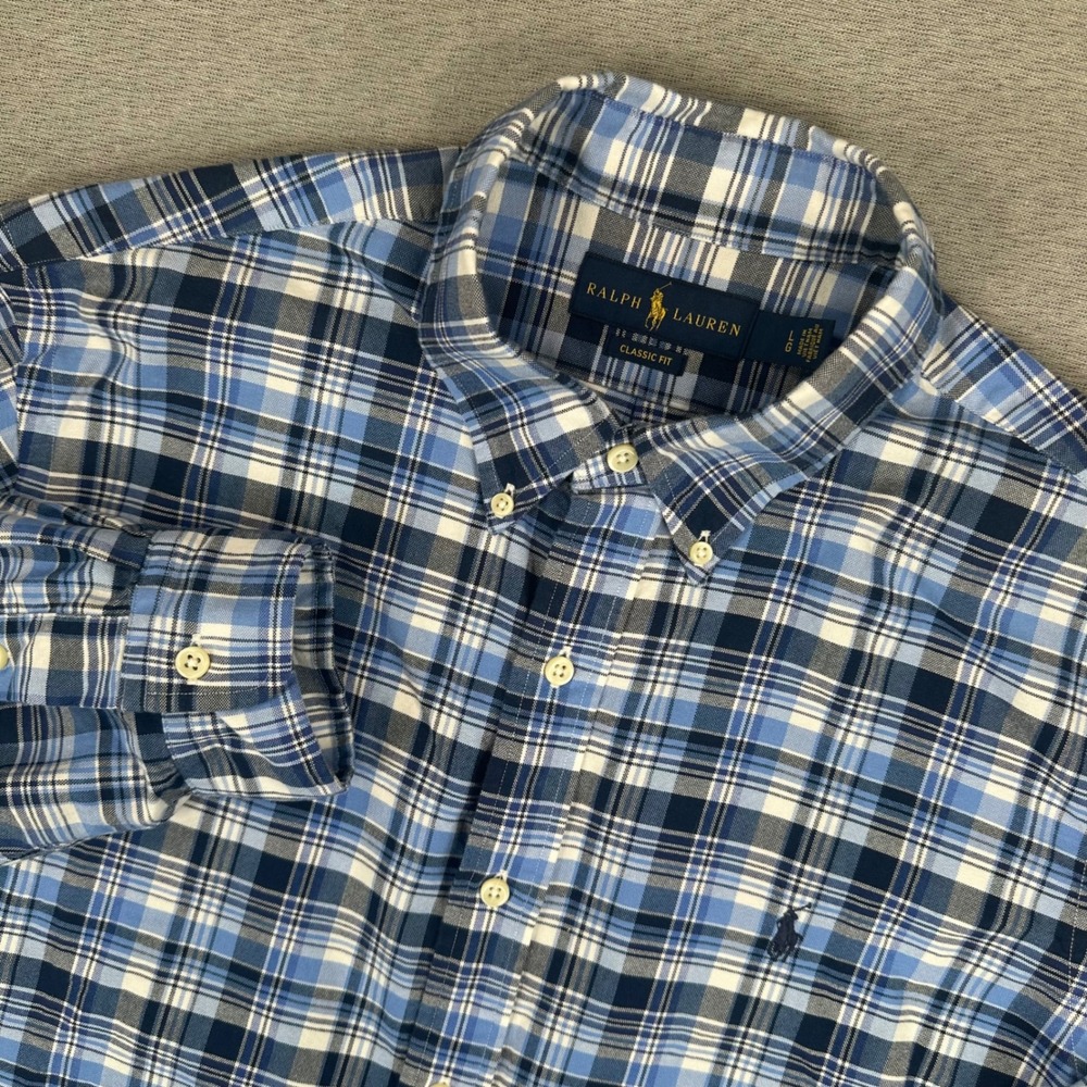 Ralph Lauren Oxford Shirt Mens Large Classic Fit Blue Plaid Long Slv Button Down